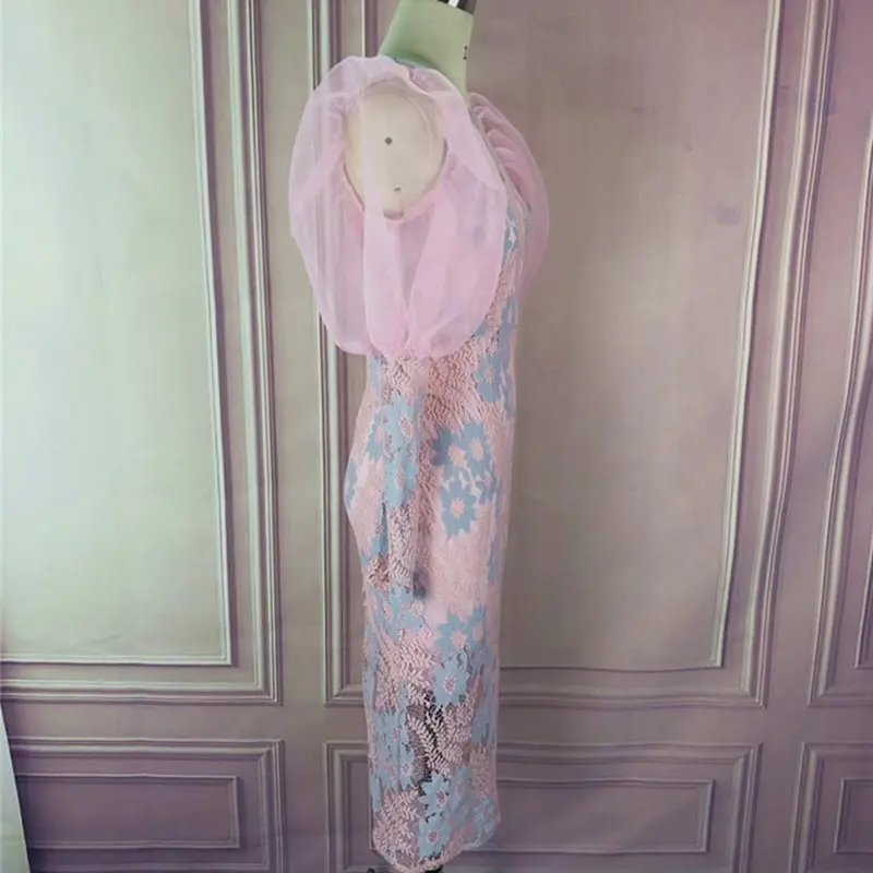 Розовые кружевные женские обтягивающие платья с пышными рукавами 2019 элегантные