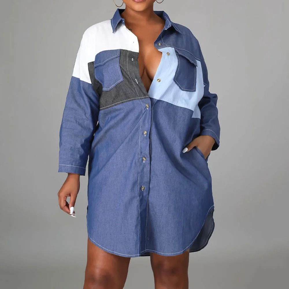 

Casual Dress Women Blue Color Block Turn Down Collar Pocket Oversized Autumn Ladies Streetwear Loose Short Mini Dresses Office