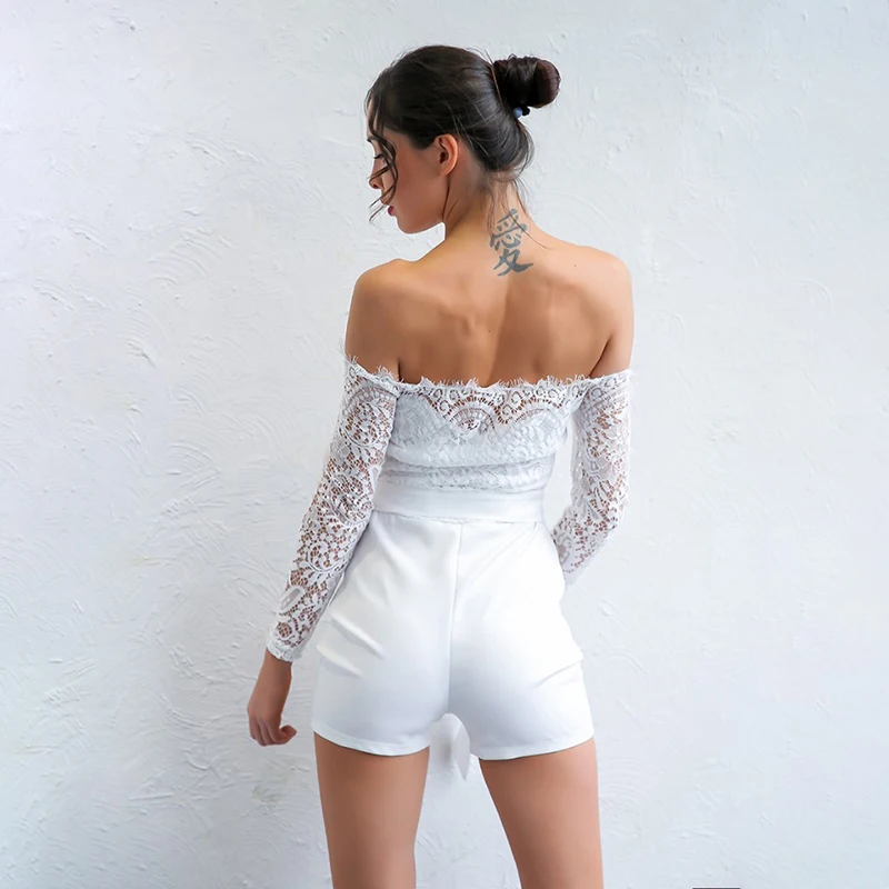 

2021 Women Jumpsuits Rompers Shorts Summer Long Sleeve Lace Patchwork Playsuits Sexy Off Shoulder Belted Bodysuit Women Jumpsuit