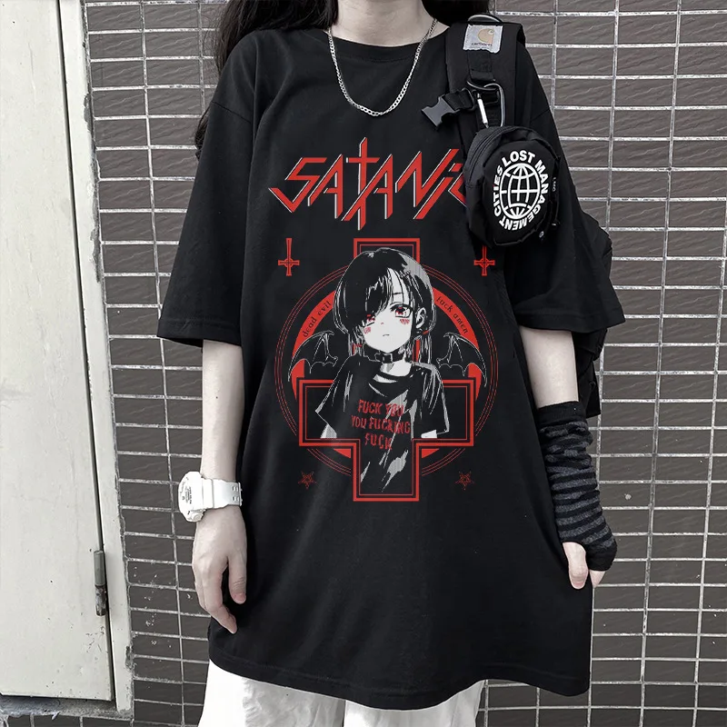 

2021 Summer New Gothic Style Girl Anime Print T-shirt Loose Short Women's Tee Tops Graphic T Shirts Ropa Plus Size Mujer