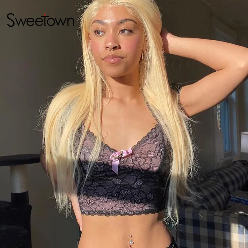 Sweetown кружева гот Y2K топ на бретельках для женщин темно Академии эстетическое в