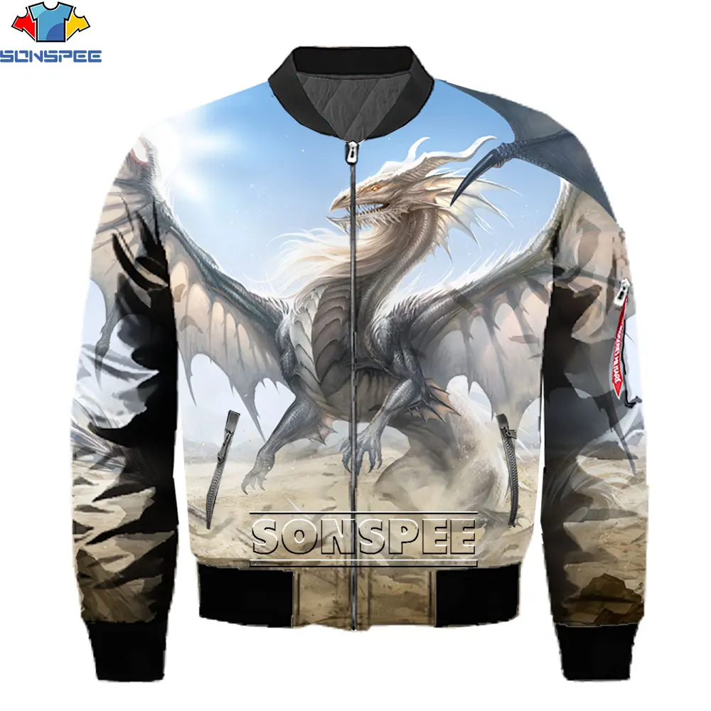 

SONSPEE 3D Popular Printed Cool Western Dragon Jacket Anime Bomber Warm Jacket Winter Autumn Hip Hop Oversized Long sleeve Coat