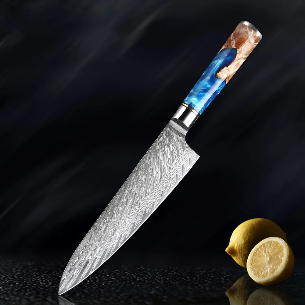 

Японский нож шеф-повара VG10 из дамасской стали, кухонный нож для фруктов, овощей, кухонный нож из синей смолы с деревянной ручкой, инструмент ...