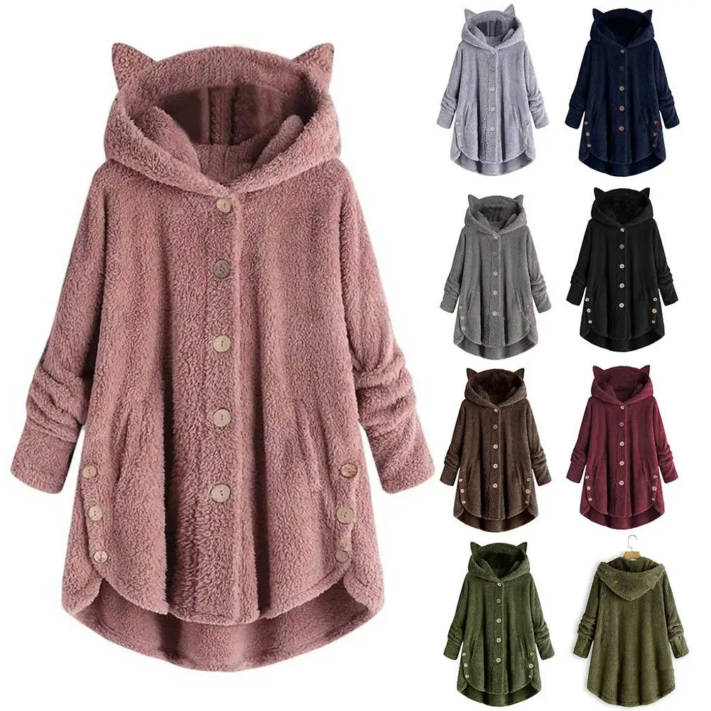 

2021 New Velvet Sports Winter Cute Cats Ears Hooded Irregular Hem Buttons Jacket Fleece Coat Christmas gift