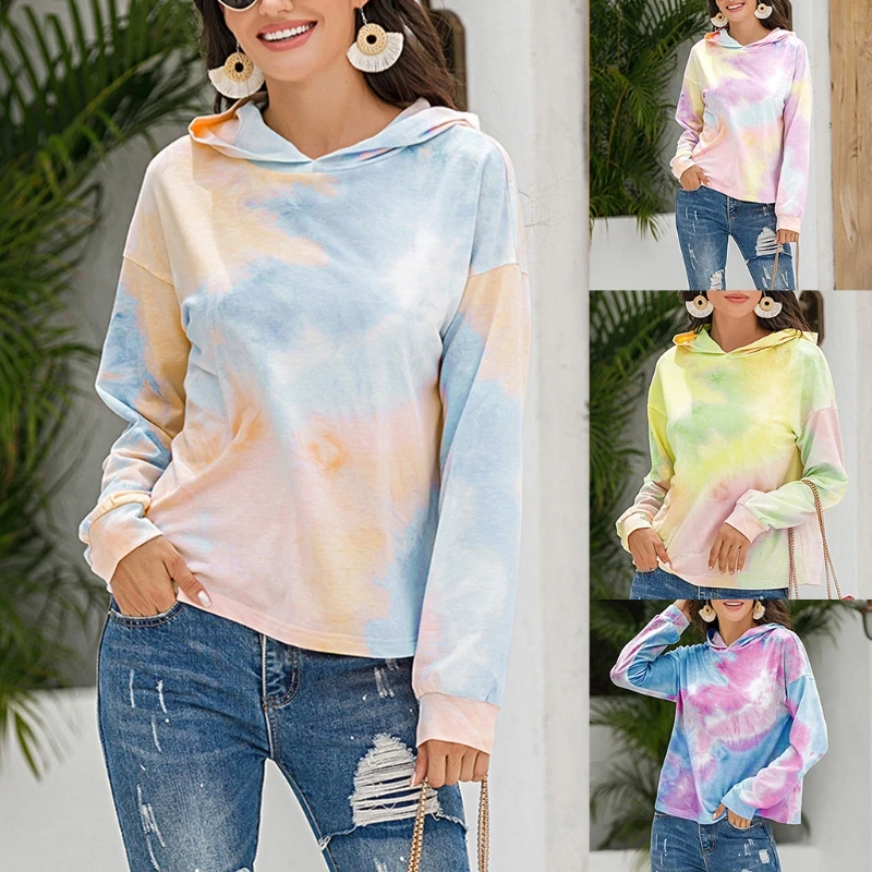

Womens Autumn Long Sleeve Hoodies Gradient Colorful Tie-Dye Printed Loose Sweatshirt Casual Sports Pullover Jumper Tops Streetwe