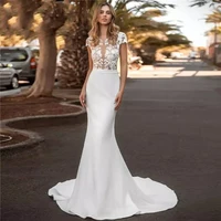 elegant simple mermaid wedding gown 2021 short sleeve high neck illusion lace applique satin wedding dress sweep train custom