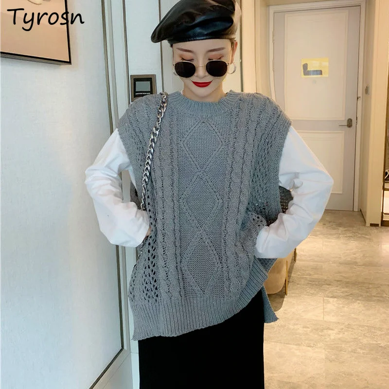 

Women O-neck Sweater Vest Twist Knitted Ulzzang Casual Loose Female Solid Color All-match Jumpers Harajuku Elegant Popular Retro