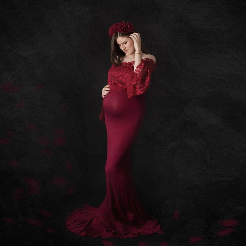 

Summer Pregnancy Shooting Dress Maternity Lace Grossesse Vestidos for Photo Shoot RufflesGauze Elegant and Sexy Gown Longuette