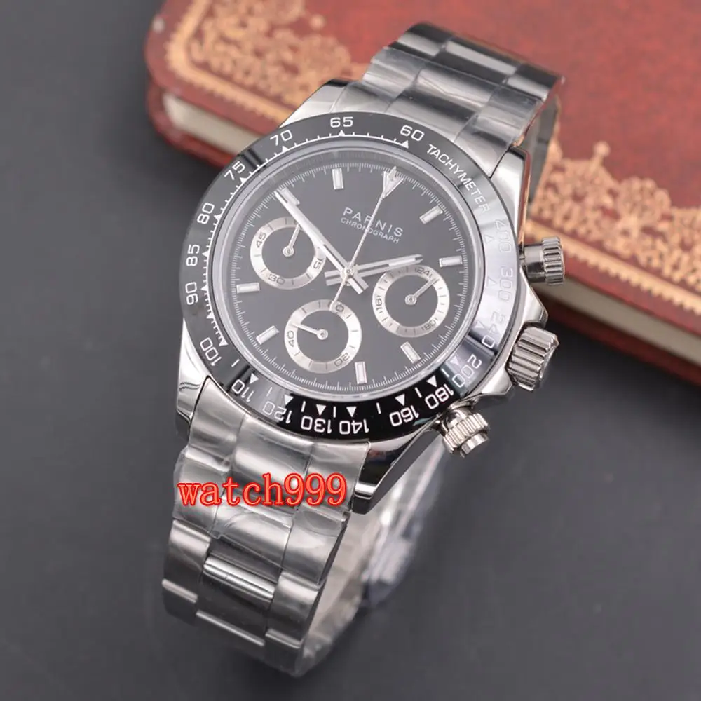 Мужские светящиеся повседневные часы PARNIS 39 мм полностью хронограф сапфировый