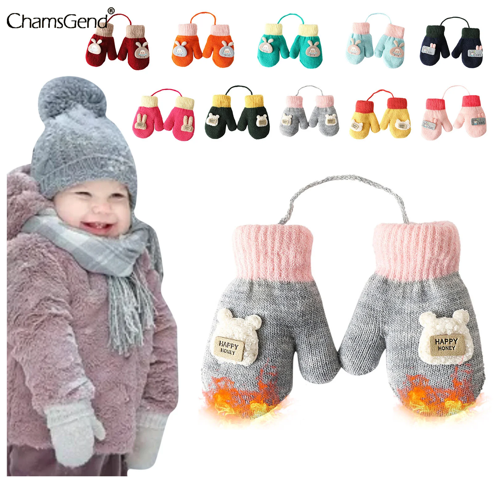 

1-5Years Old Cartoon Child Gloves Winter Knit Wool Newborn Mittens Velvet Thick Children's Hanging Neck Gloves Xtmas Gifts