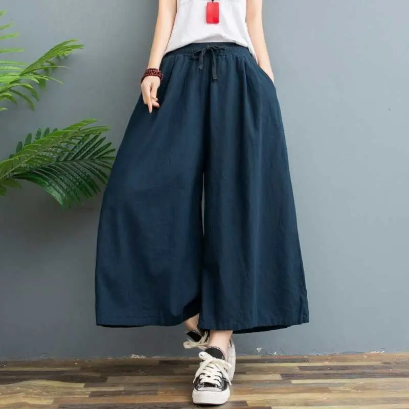 

Large Size Cotton Linen Pants Women's Spring High Waist Calf Wide Leg Pants Casual Summer Trousers Women's Trousers Streetwear