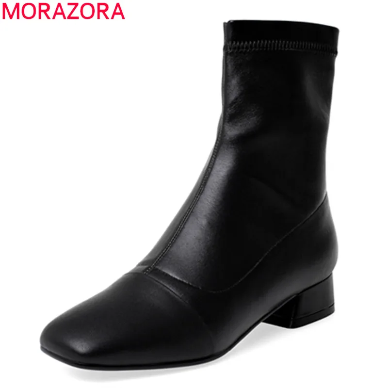 Женские ботильоны на низком каблуке MORAZORA Черные из натуральной кожи с квадратным
