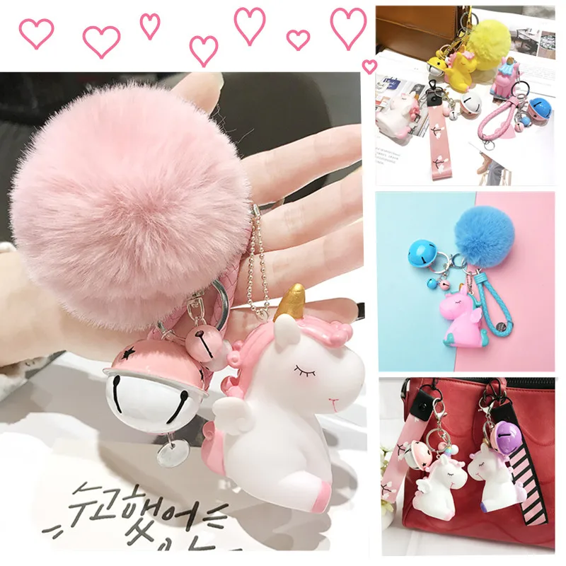 

Pink Unicorn Hair Ball Keychain Ladies Bag Pendant Keychain Plush Ball Fluffy Artificial Rabbit Hair Keychain Girl Key Pendant