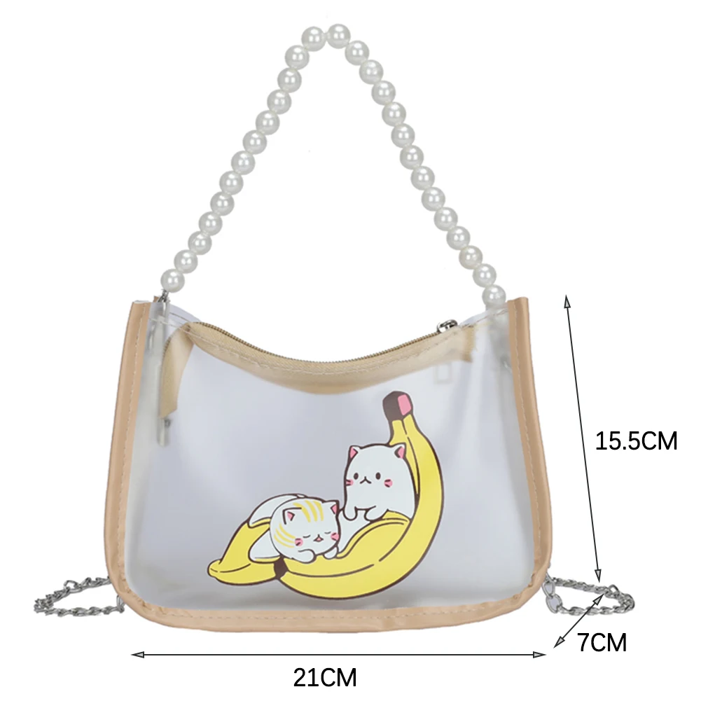

Summer Women Cartoon Pattern Printing Crossbody Transparent Jelly Messenger Bag Girls PU+PVC Small Handbags Pearl Chain Purses