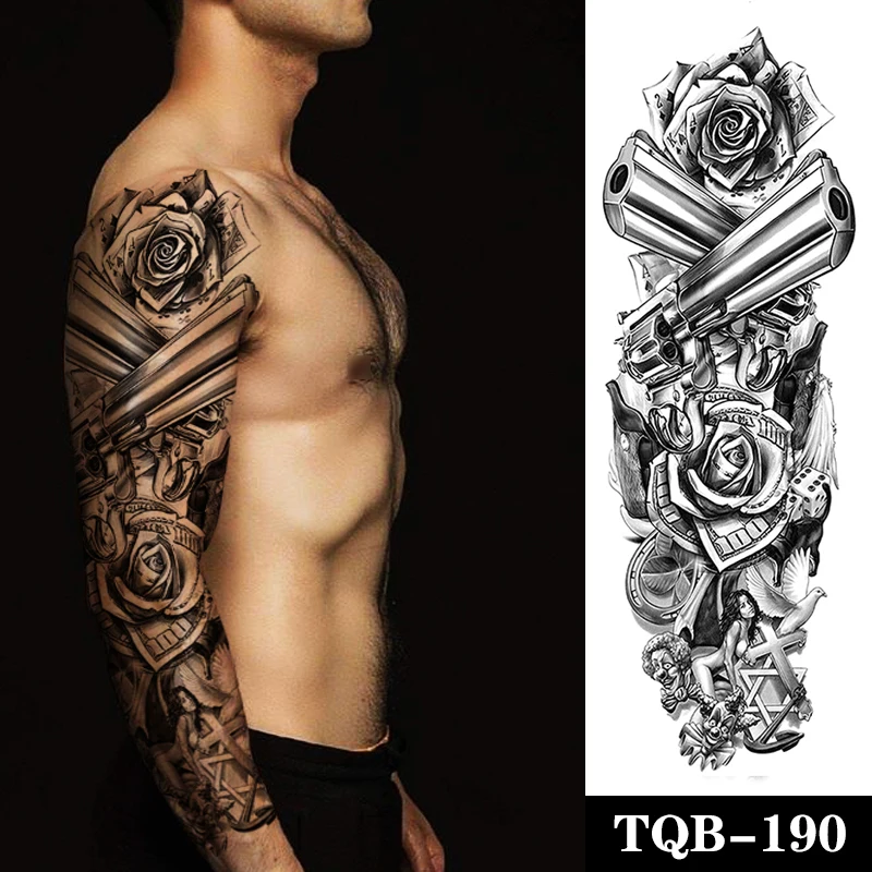 

Waterproof Temporary Tattoo Sticker Rose Solitaire Gun Geometric Totem Full Arm Tatoo Fake Tattoo Flash Tattoos for Men Women