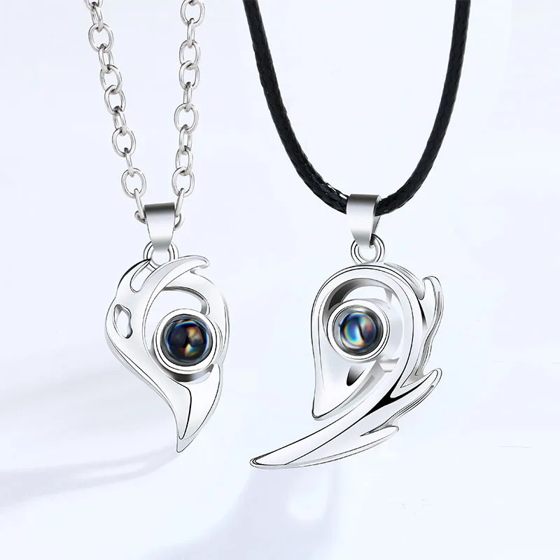 

Titanium Stainless Steel Flame Magnetic Heart Couple Necklace I Love You 100 Languages Projection Necklace for Women Men Jewelry