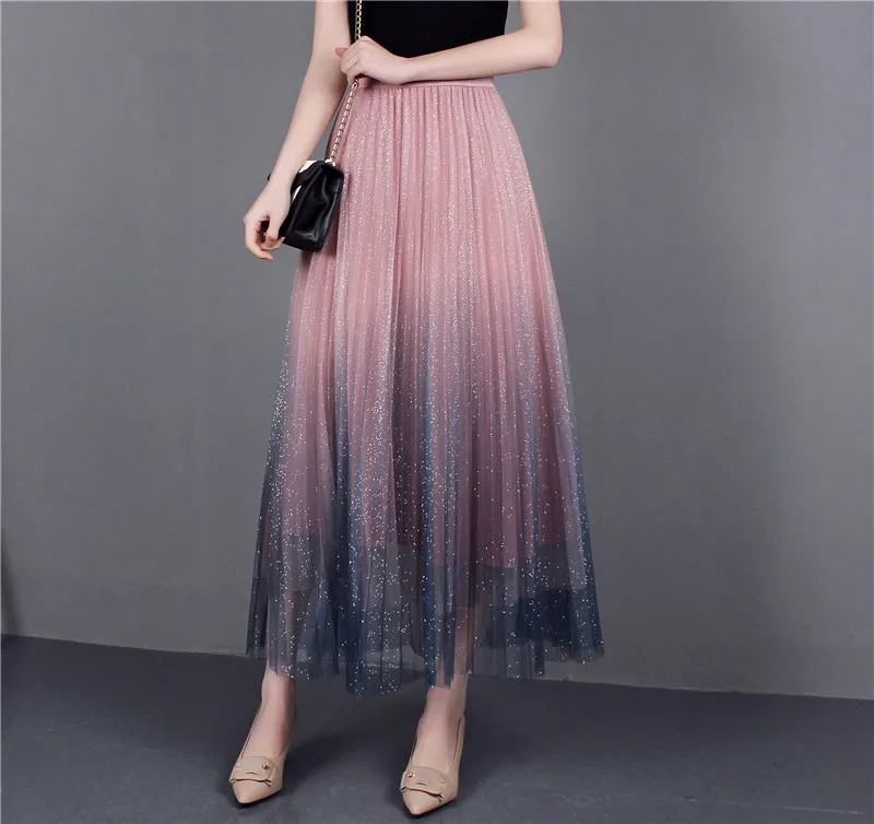 

BlinBling Shining Gradient Pleated Skirt 2021 fairy grunge purple Tulle Mesh Long skirt Jupe femme festival clothing