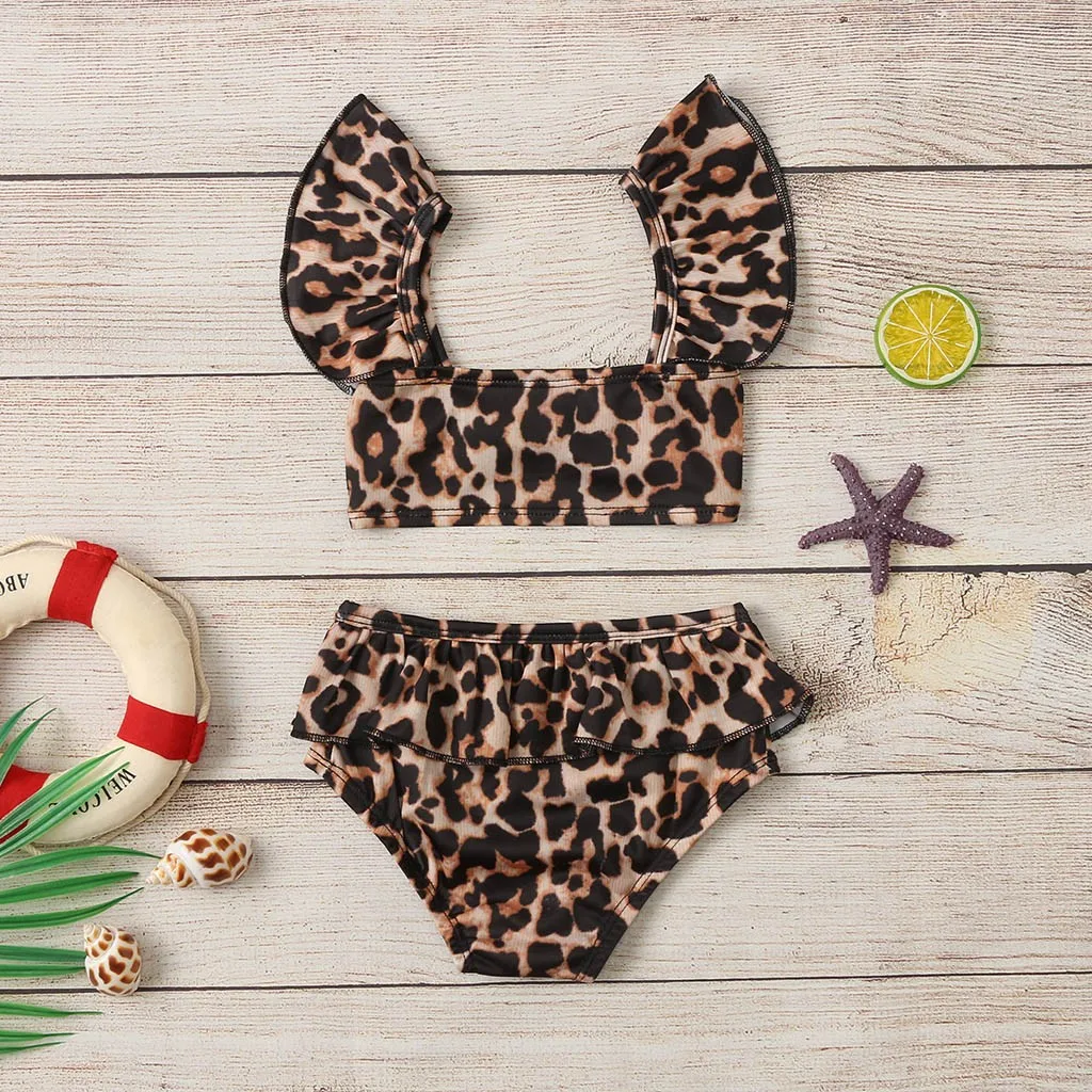 

Baby Swimwear Kids Clothes Girls Bow Ruffle Leopard Print Straps Swimsuit Tops Shorts Swim Set Summer Two-Piece Swimsuit
