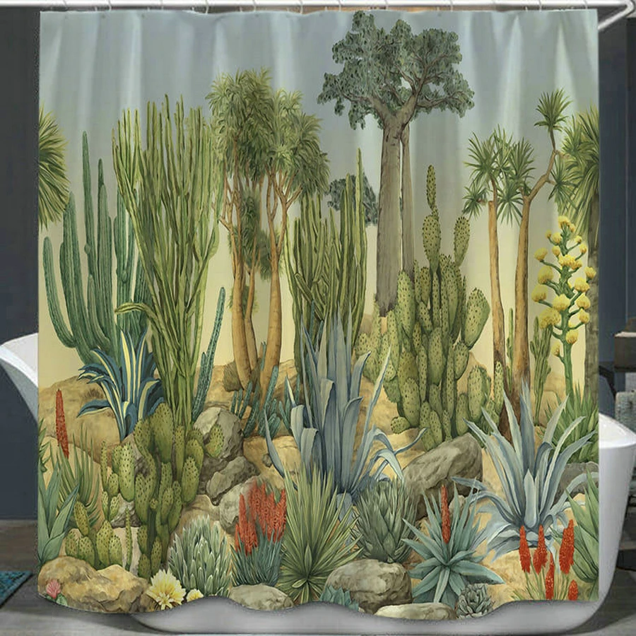 

Tropical Wild Cactus Plants Shower Curtain Set with 12 Hooks Bathroom Decoration