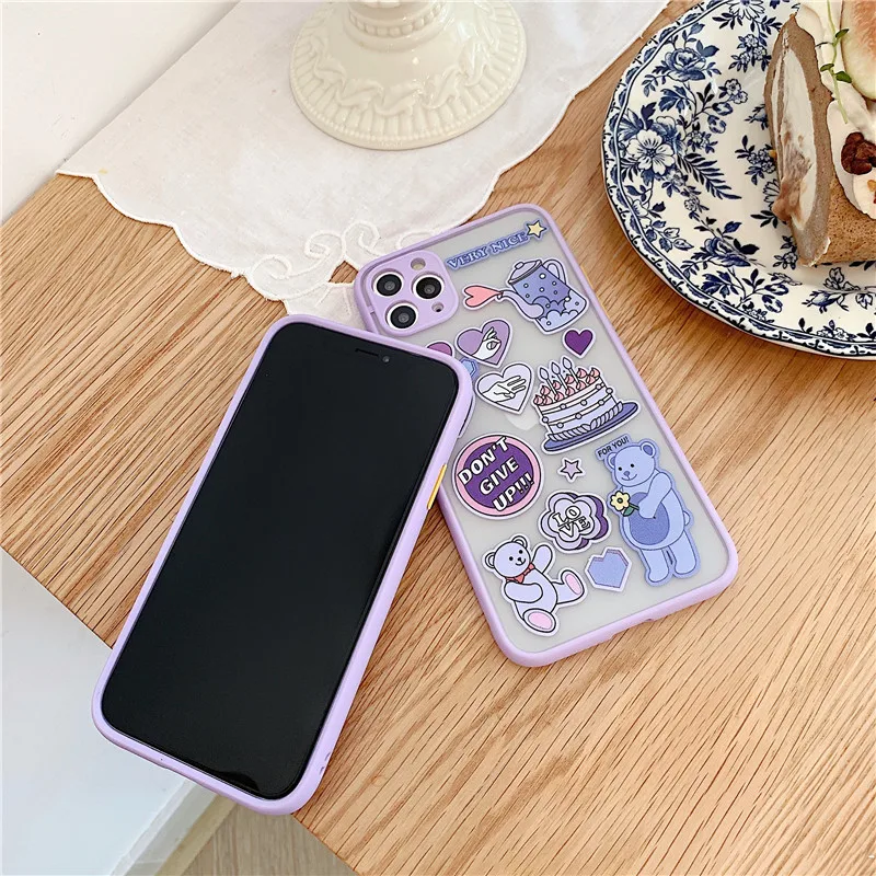Cute Cartoon Bear Lovely Pattern Label Matte Phone Case For iPhone 11 Pro Max 7 8 Plus SE 2020 X XR XS Plastic Covers | Мобильные