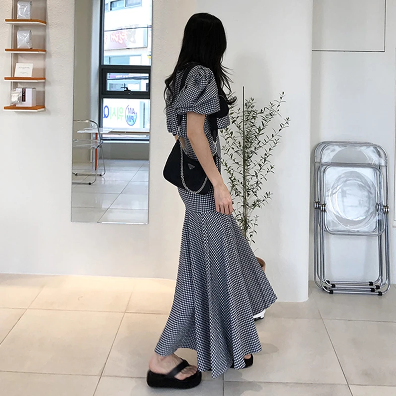 GALCAUR Plaid Two Piece Set Women O Neck Puff Short Sleeve Vintage T-shirt High Waist Bodycon Maxi Skirts Suits Female New 2020 |