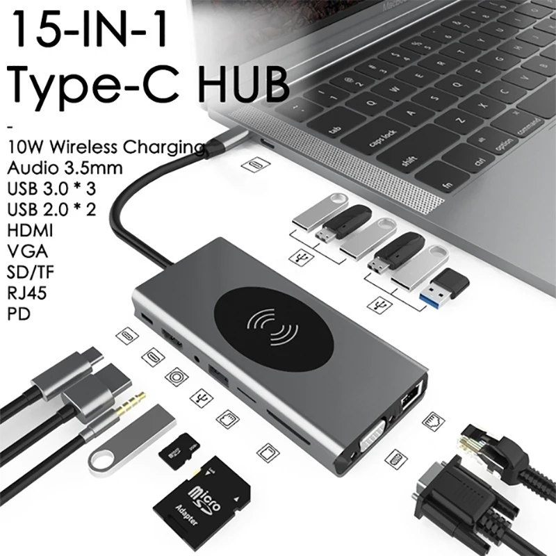 

15-в-1 Type C Hub с портом Ethernet, 4K USB C к HDMI, 3 USB 3.0 портов s,2usb 2 .0 портов, кардридер SD/TF, для Mac Pro