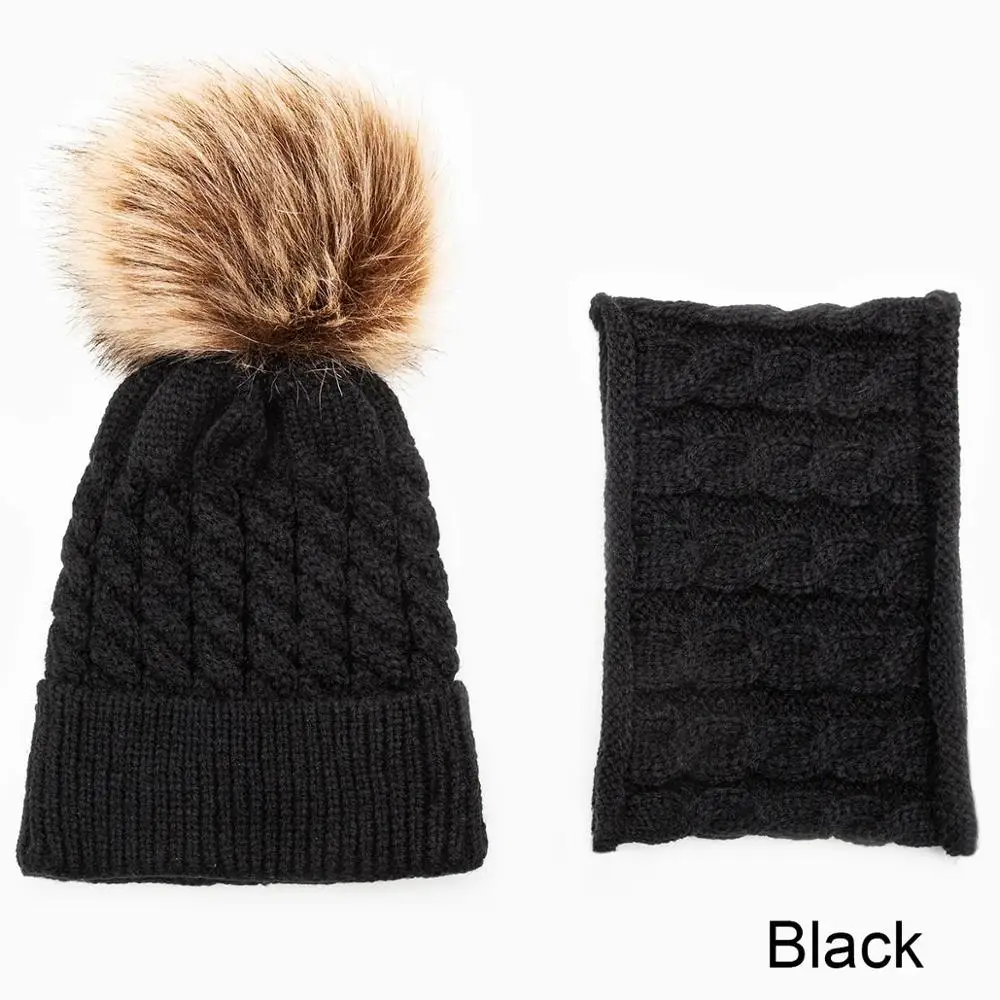 black Модный комплект одежды из 2 шт./компл. зимняя шапка и шарф, набор вязаный однотонный Цвет, шапка с помпоном, осень-зима теплый костюм для мальчиков и девочек, Кепки 0-3 лет - Цвет: black