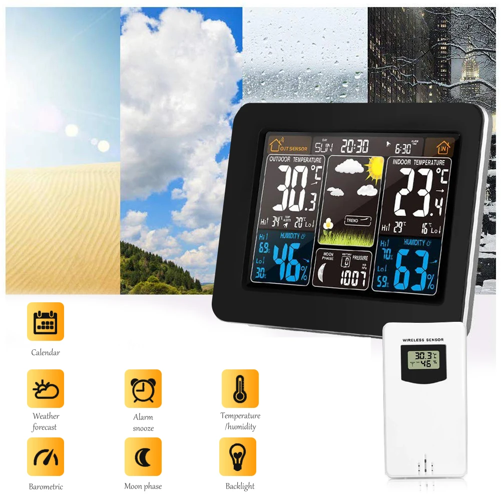

Color Screen Weather Clock with Temperature and Humidity Monitor, RF Sensor, Time and Date Display, Calendar Moon Phase