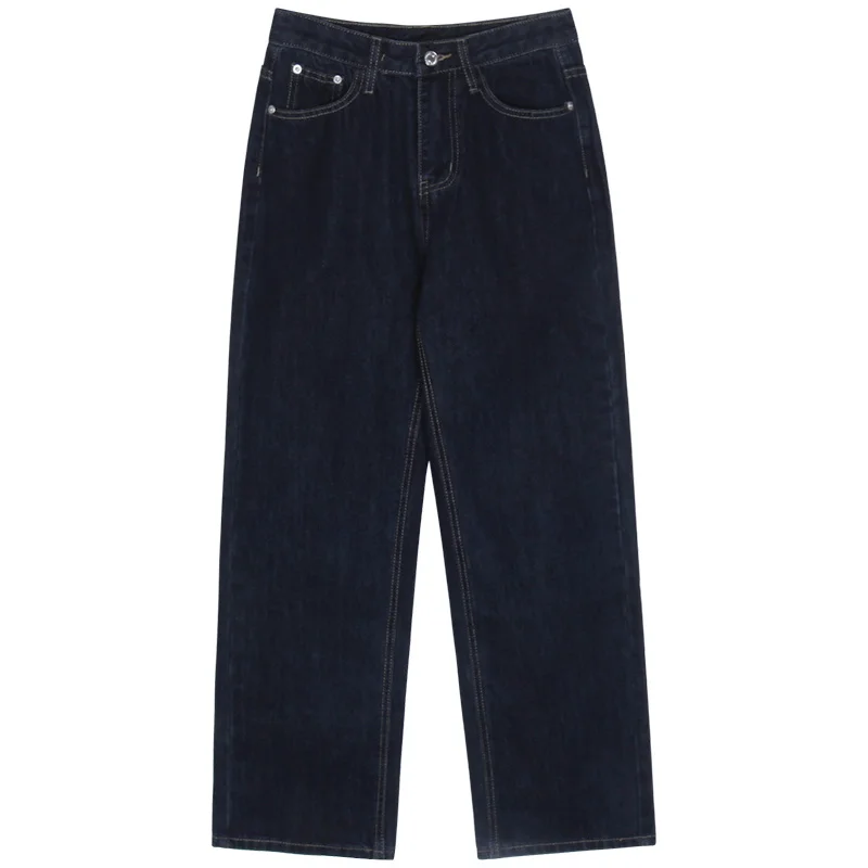 Simple Dark Jeans Blue Wide Leg Korean Loose High Waist Commuter Casual Straight Pants Small 2021 | Женская одежда