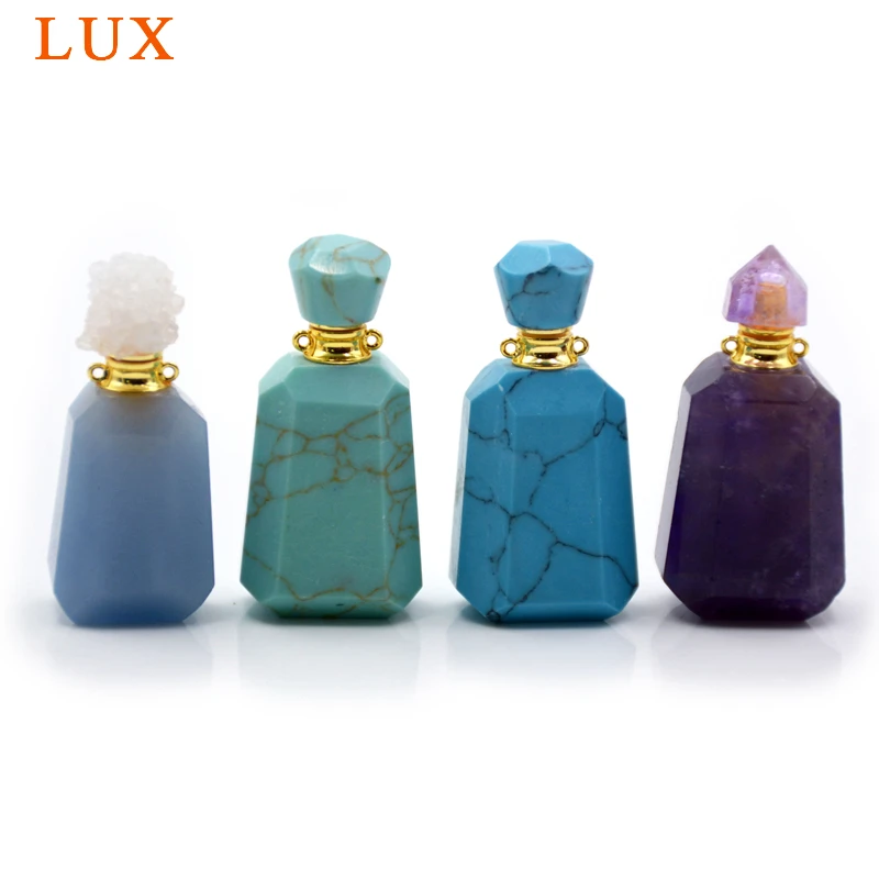 

Natural turquoises amethysts gems perfume essential oils bottle agates druzy caps pendant with stick for necklace jewelry making