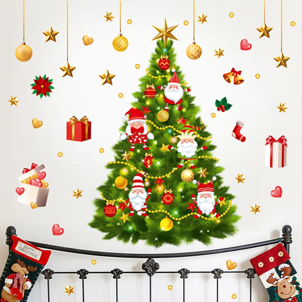 

Christmas Tree Santa Claus Wall Stickers Vinyl Glass Window Home Decor Art Decals 3D Wallpaper Decorations Home Mural Poster