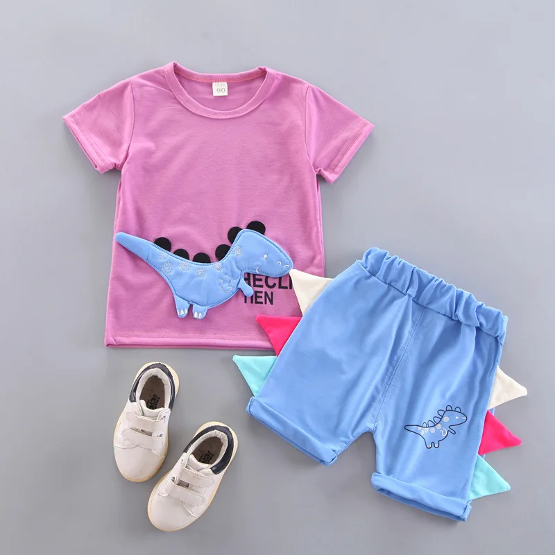 

2021 Summer Kids Causal Cartoon Cute Dinosaur Clothes Suits Baby Boys Short Sleeve T-shirts + Shorts Toddler Girls Clothing