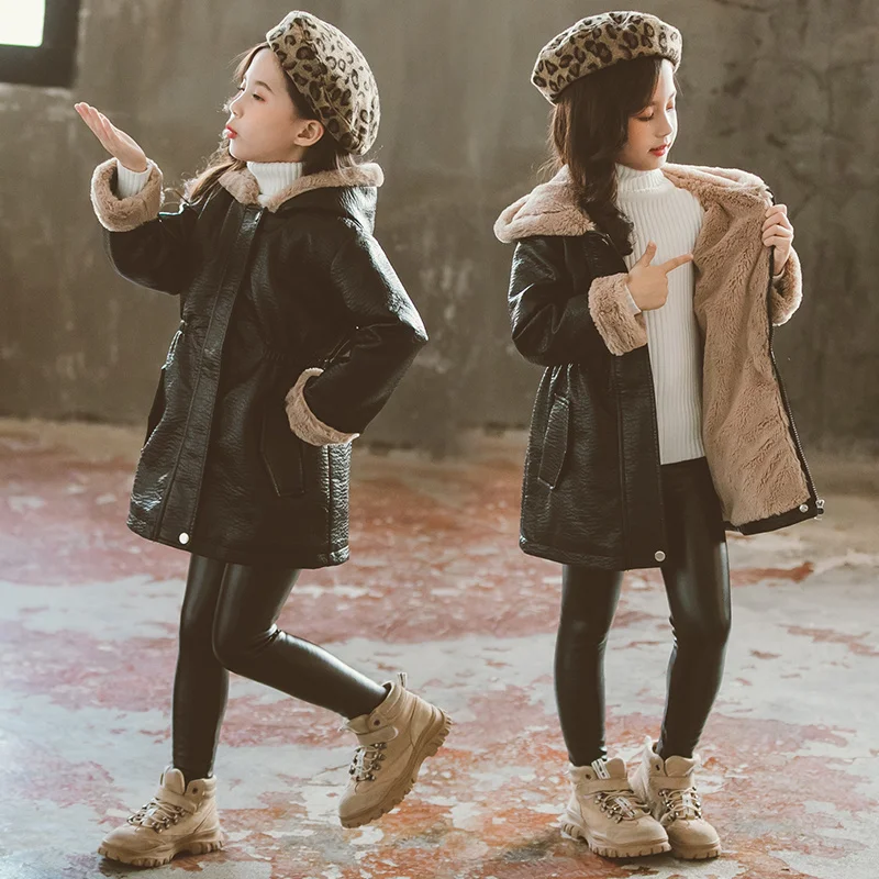 

Winter Girls Jackets 2019 Hooded Pu Leather Coat Children Parkas Casual Thicken Warm Kids Clothes Outwear for Girls Padded Coats