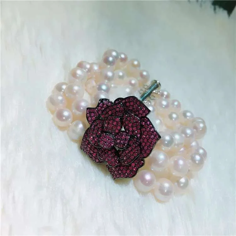 

Purple zircon flower double-layer natural pearl choker necklace for ladies vintage high jewelry gifts