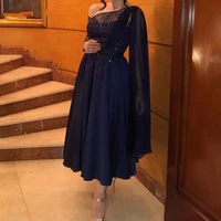 new arrival chiffon one shoulder muslim evening dress tea length abendkleider 2021 cheap navy blue prom party gowns