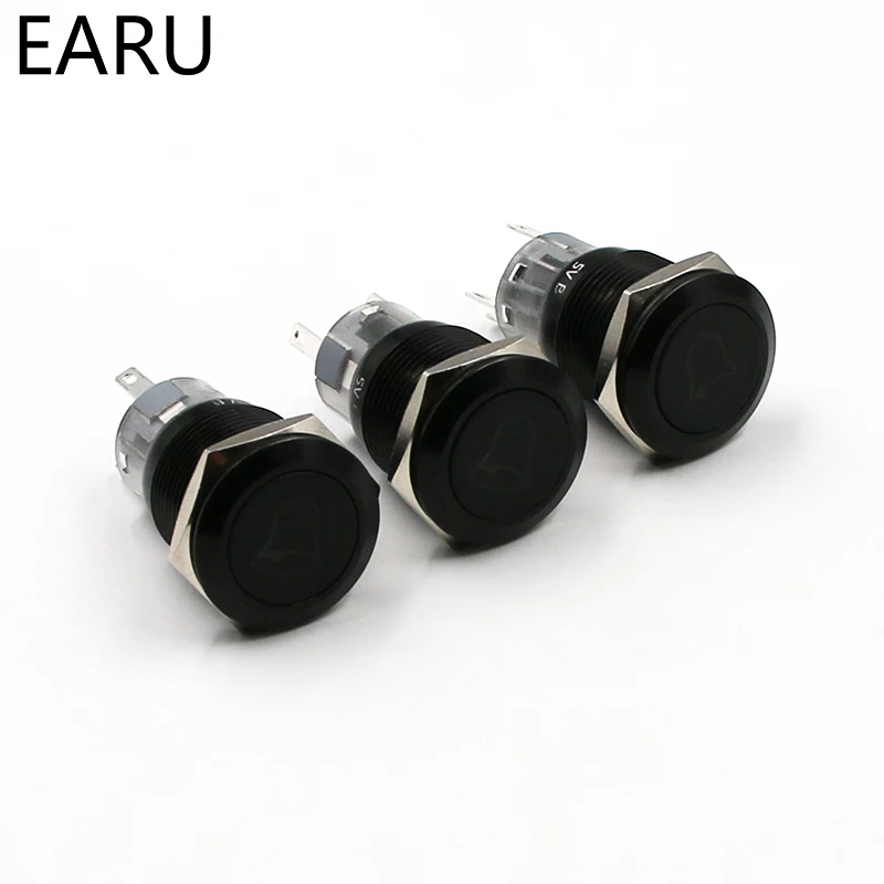 1pc Black 16mm Momentary Doorbell Bell Horn Speaker Push Button Switch Stainless Steel Metal Waterproof with Logo LED Light - купить по