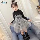Детское Сетчатое платье с длинным рукавом Qunq, черное вязаное платье принцессы для маленьких девочек с цветочным кружевом, одежда для вечерние на осень