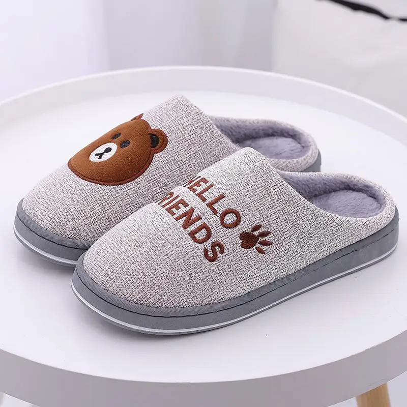 Women Winter Home Slippers Cartoon Bear Non-slip Soft Winter Warm House Slippers Indoor Bedroom Lovers Couples Floor Shoes Men - Цвет: gray