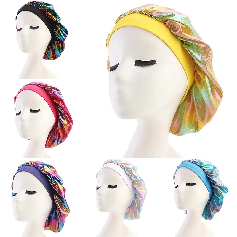 

Colorful Hair Styling Caps Laser Women SilkyTurban Hat Women Satin Headwear Bonnet Sleeping Bandanas Hair Styling Tool