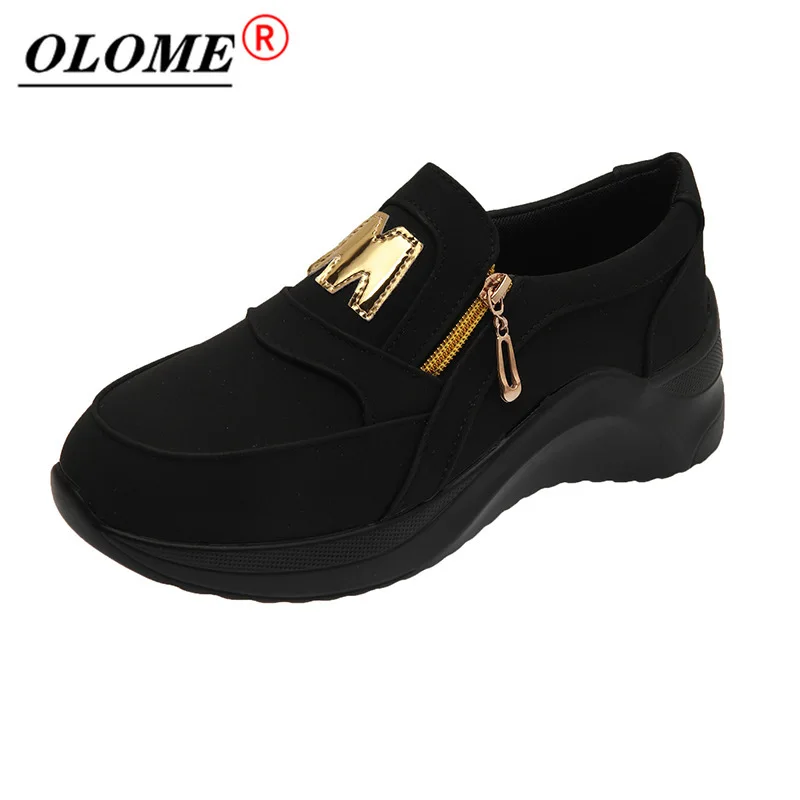 

Spring Black and White Wedges Sneakers Platform Women's Shoes Fashion Zipper Non-slip Casual Korean Women's Vulcanized Shoes