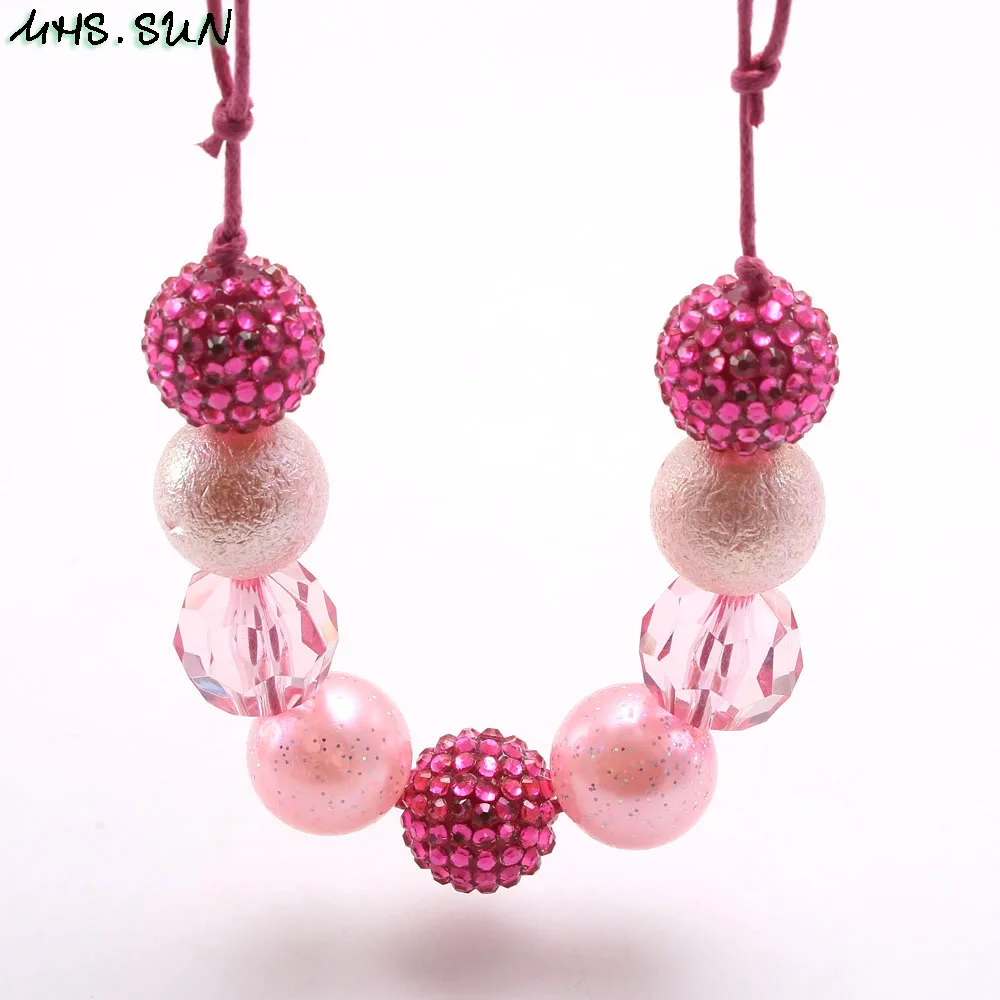MHS.SUN New design baby chunky beads necklace diy red color bubblegum beaded necklace for kids girls adjustable rope jewelry 1pc