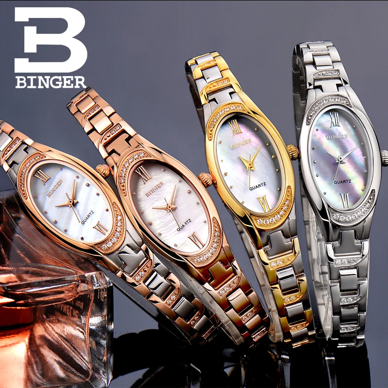 Швейцарские часы Binger женские Роскошные Кварцевые с сапфиром полностью из