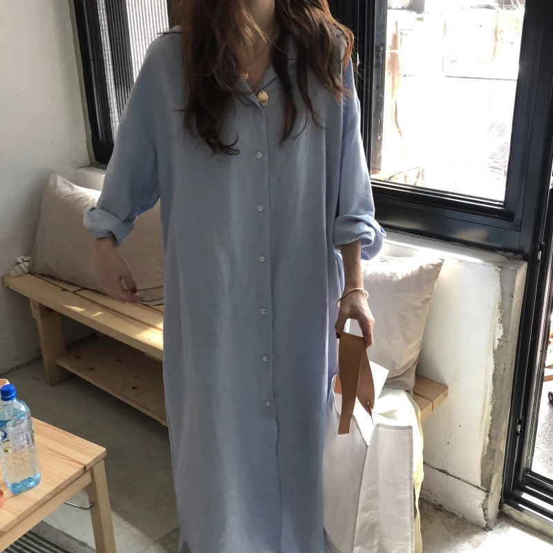 

Oversize Shirt Women Full Sleeve Button Up Solid Color Ankle-Length Female Loose Casual Robe Spring New Blouse Dress 2021