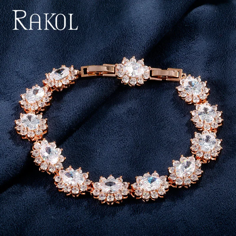 RAKOL мода кубического циркония цепочка с цветком со Стразами звено браслет для девушек женские роскошные свадебное платье ювелирные изделия RB51013 - Окраска металла: Rose Gold Color
