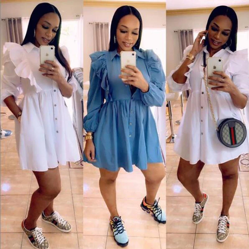 

Женское мини-платье с оборками, однотонное повседневное облегающее платье с длинным рукавом, отложным воротником, на пуговицах, с высокой т...