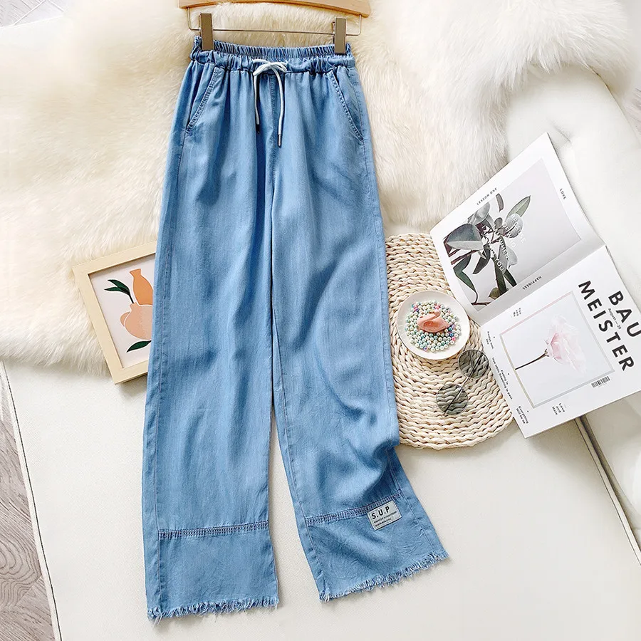 

HLBCBG Blue Wide Leg pants Women Summer Autumn Solid High Waist High Street Ladies Mom pants Plus Size