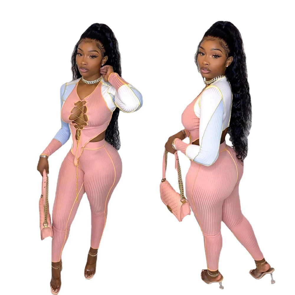 

Sexy Tie Front 2 Piece Long Pants Sets Women Knitted Club Outfit Patchwork Long Sleeve Top and Leggings Autumn Night Party Wear