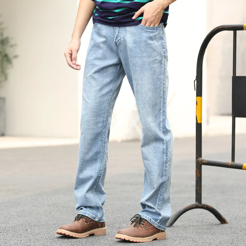 Summer Thin Section Big Size Man Pants  Straight baggy Breathable Denim Trousers Fashion Light Blue Elastic Business Jeans