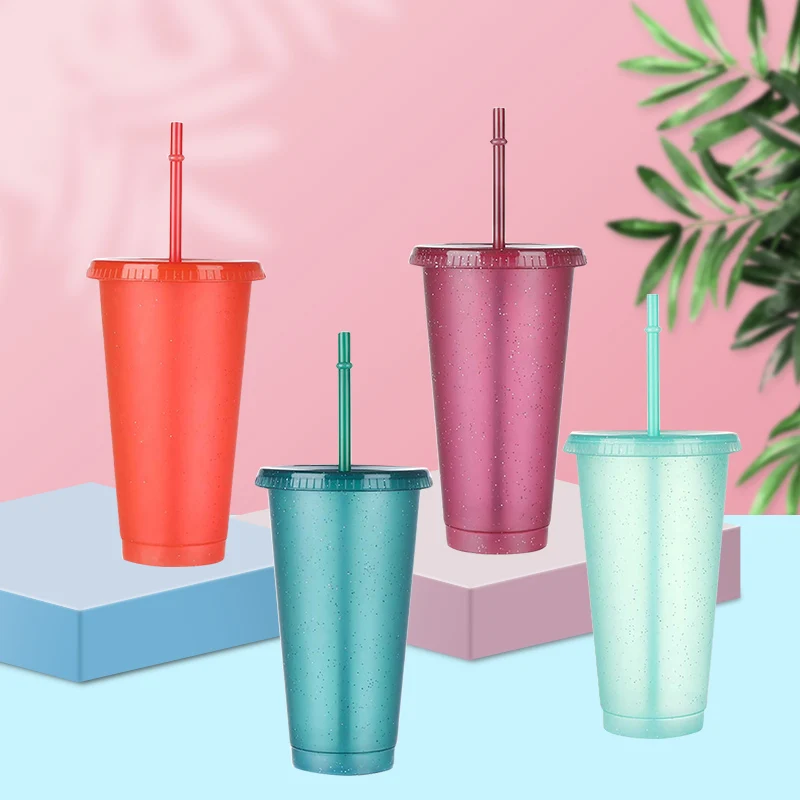 

700ML Flash Powder With Straws Lid Portable Water Bottle Plastic Personalized Drinkware Shiny Drinking Cup Outdoor