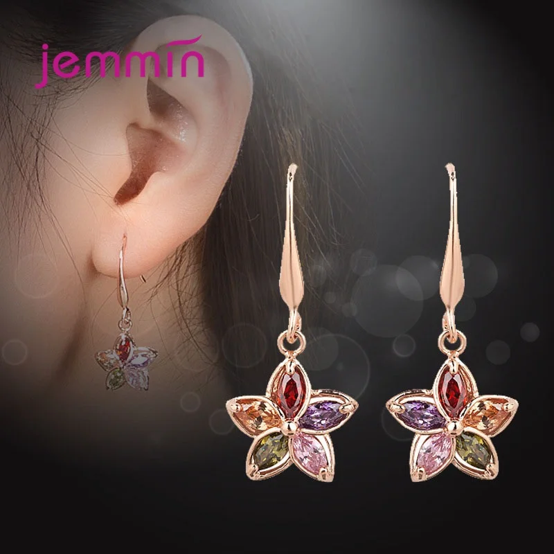 Rose Gold Color Drop Earrings With Colorful Crystal New Model Genuine 925 Sterling Silver Dangle For Women Any Party | Украшения и